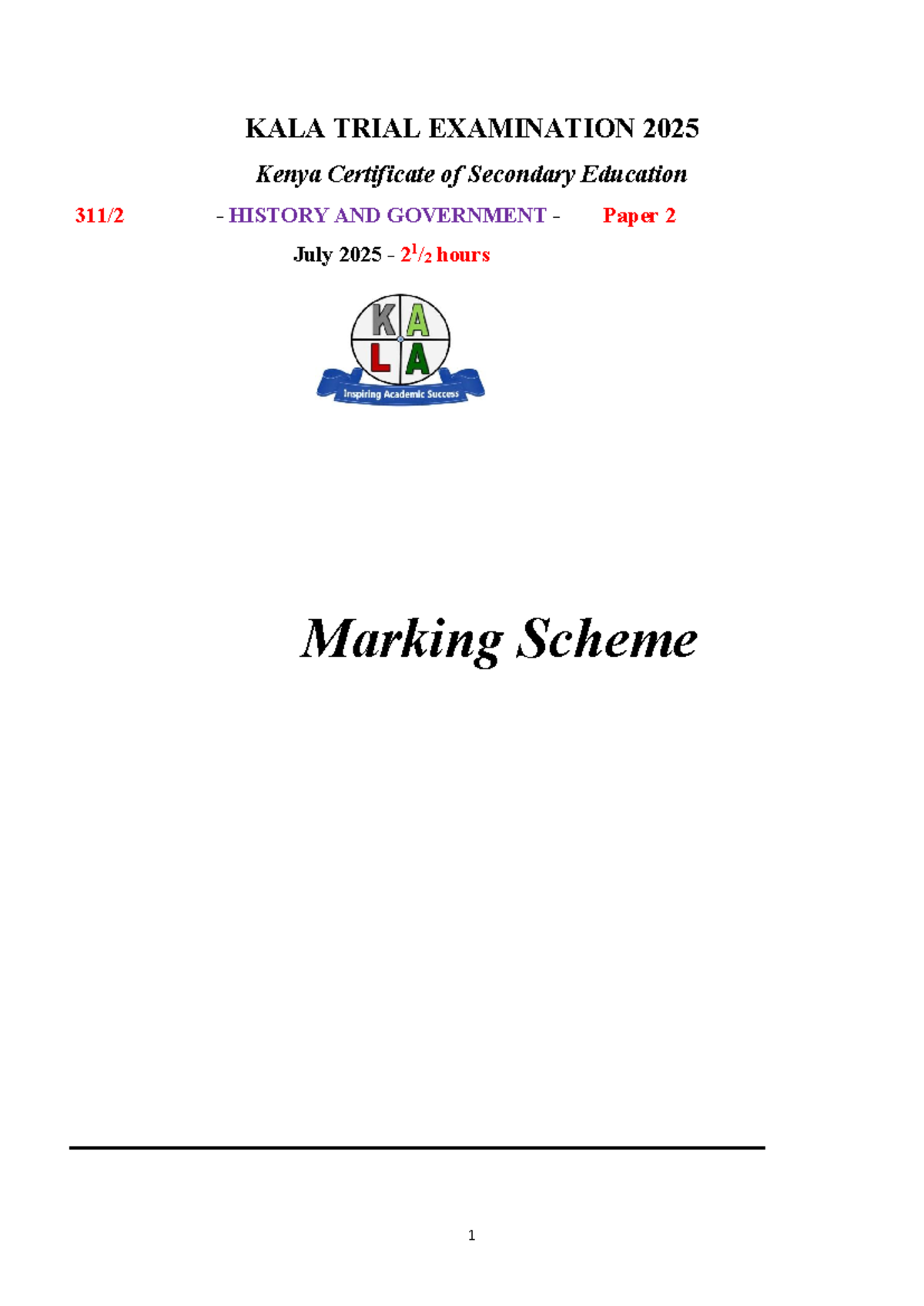 KALA History Trial Exam Paper 2 Marking Scheme 2025 - Studocu