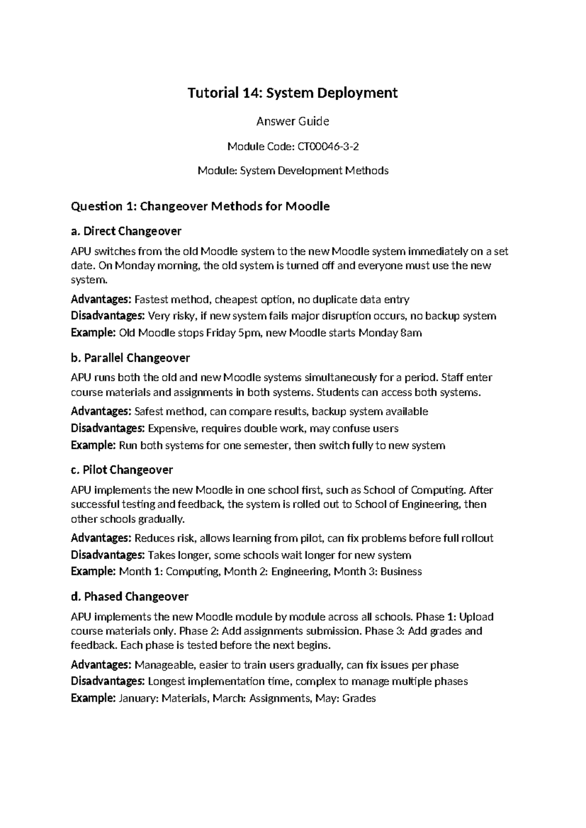 Tutorial 14: System Deployment Answer Guide - System Changeover Methods ...