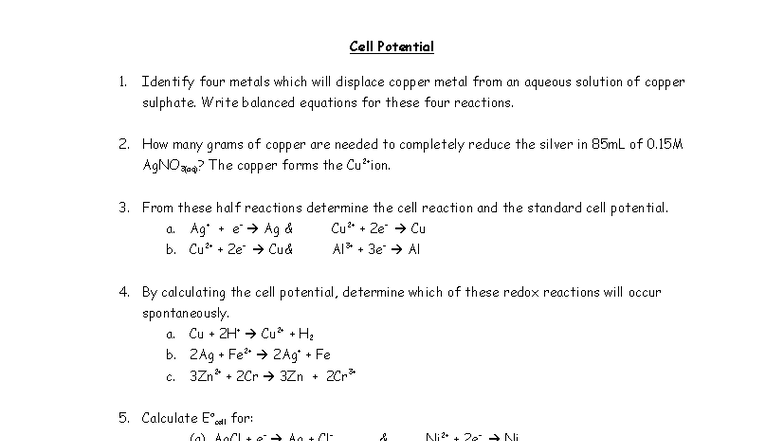 Cell Potential Worksheet: Redox Reactions & Electrolytic Cells - Studocu