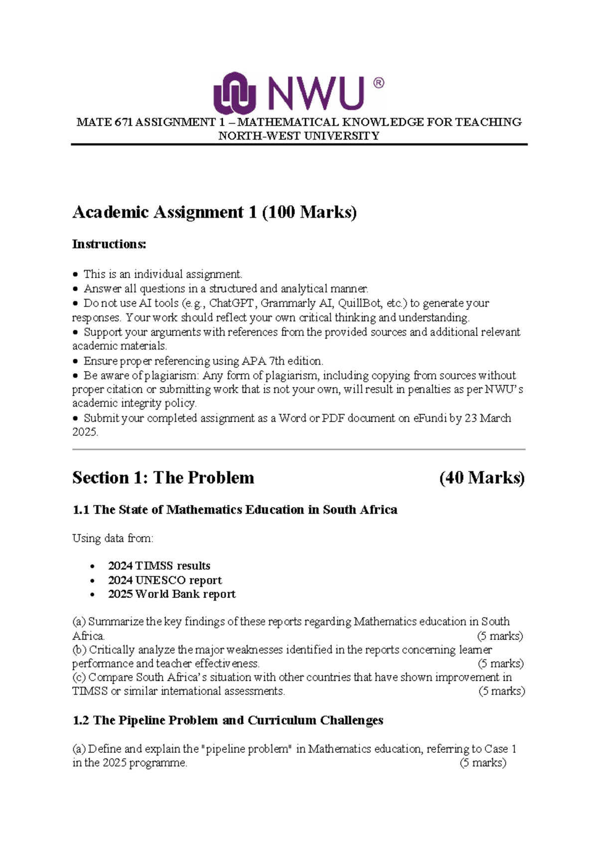 2025-MATE 671 Assignment 1: Analyzing Mathematics Education Challenges ...