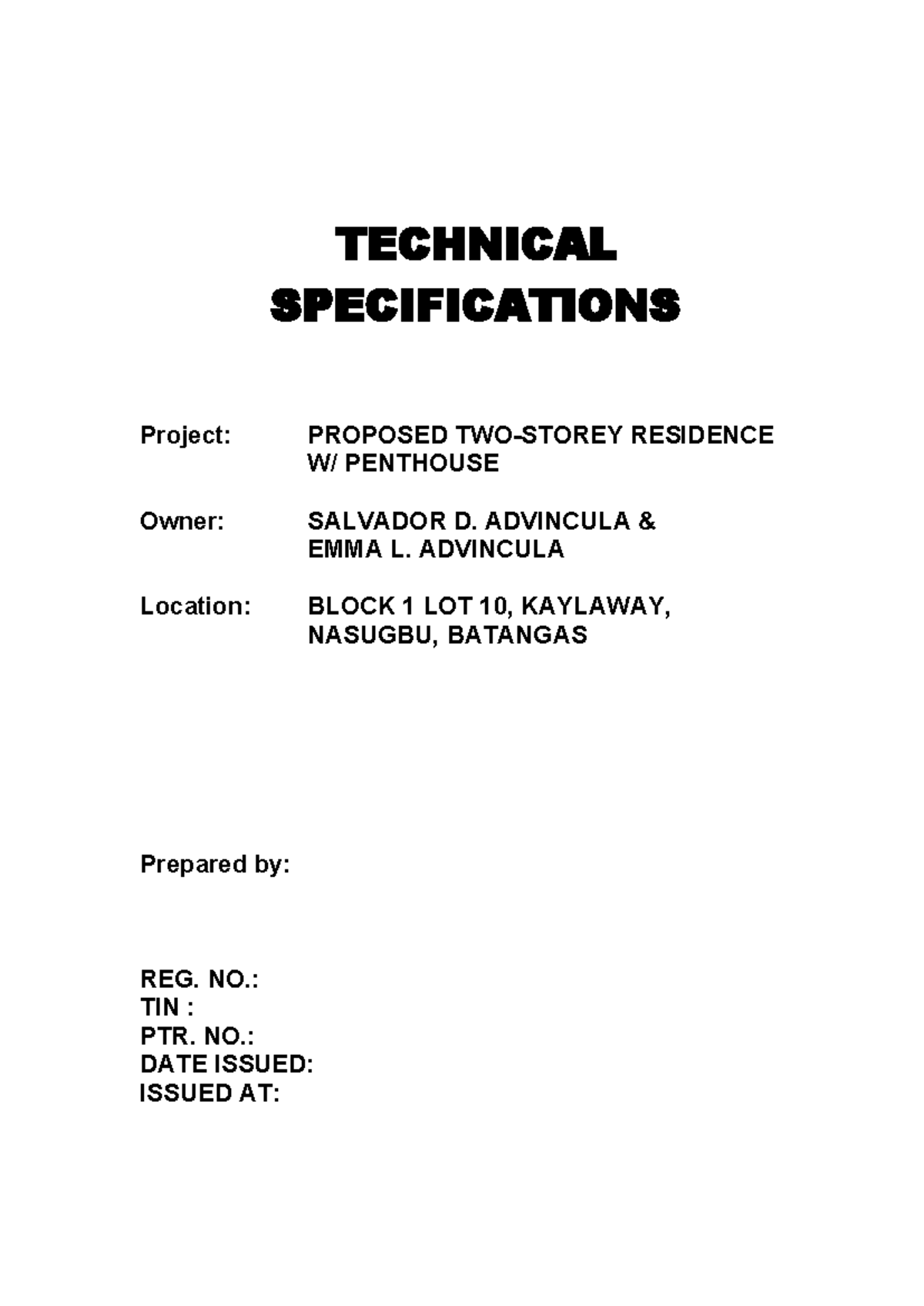 CWFMA Technical Specifications for Proposed Penthouse Residence - Studocu