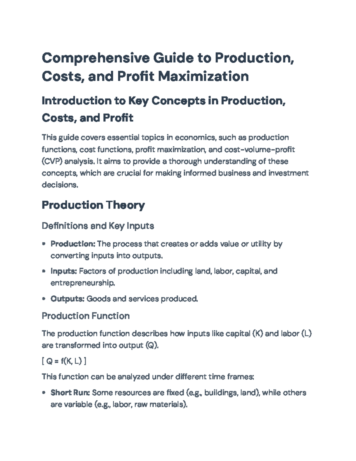 Comprehensive Guide: Production, Costs, Profit Maximization (ECO 101 ...