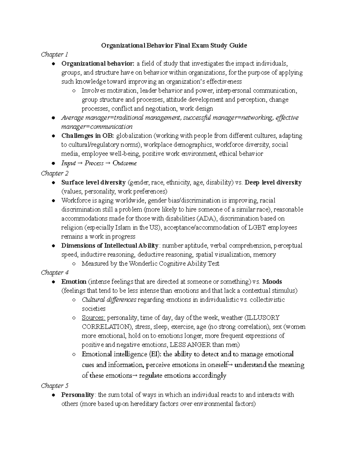OB Final Exam Review - Organizational Behavior Final Exam Study Guide ...