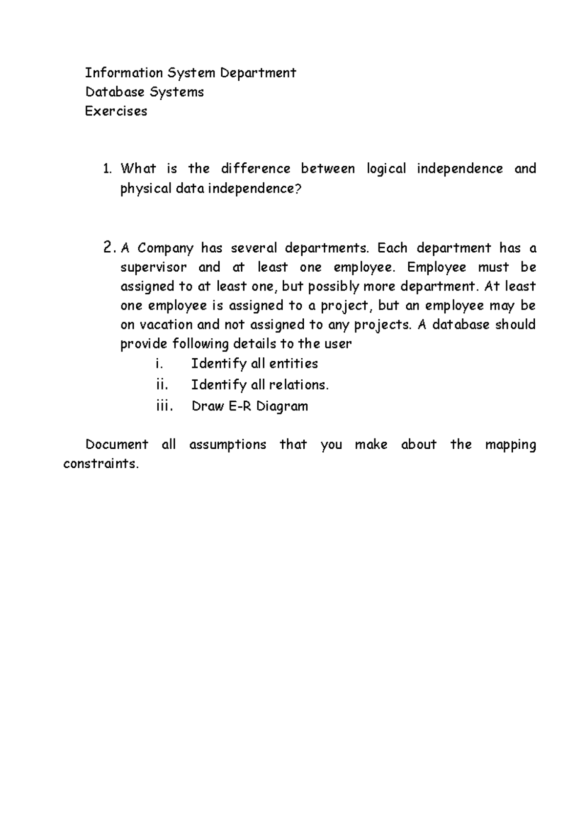 EER Exercises: Understanding Data Independence & Entity Relationships ...