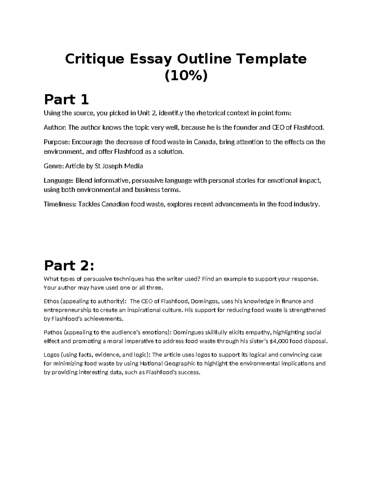ENG 101 Project 1: Critique Essay Outline on Food Waste Solutions - Studocu