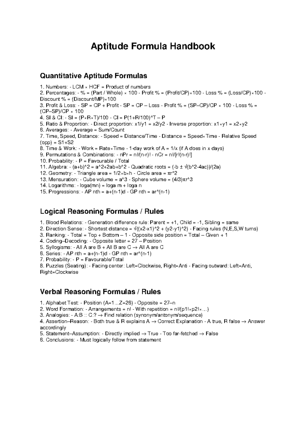 Aptitude Formula Handbook: Quantitative & Logical Reasoning Essentials ...