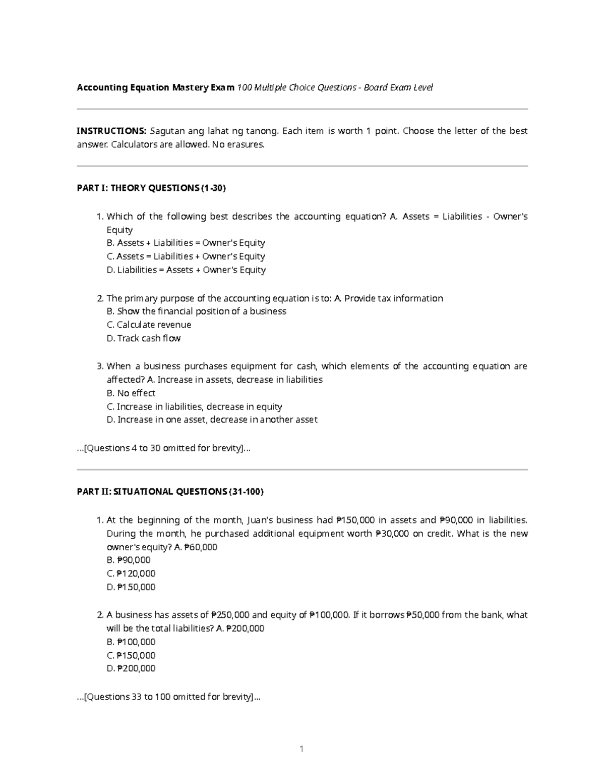 Accounting Equation Mastery Exam: 100 MCQs for Board Exam - Studocu