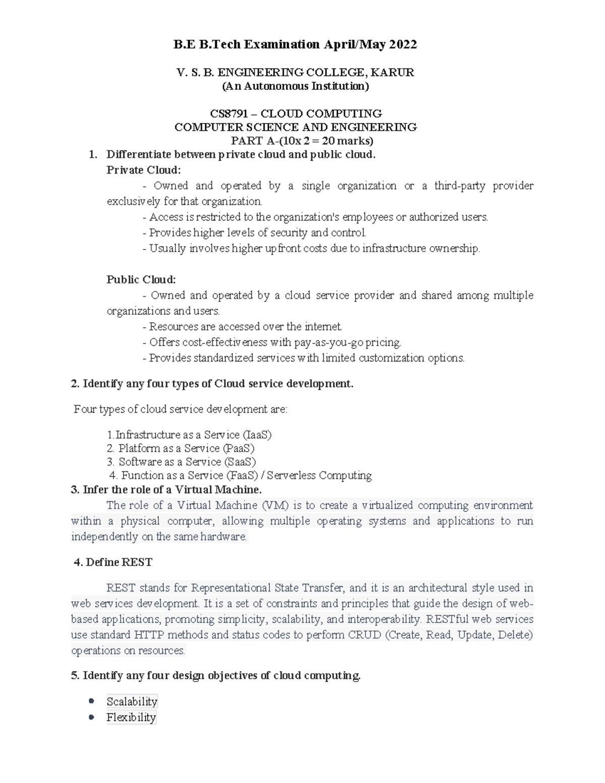 CS8791 Cloud Computing Exam Answer Key - B.E B.Tech 2022 - Studocu