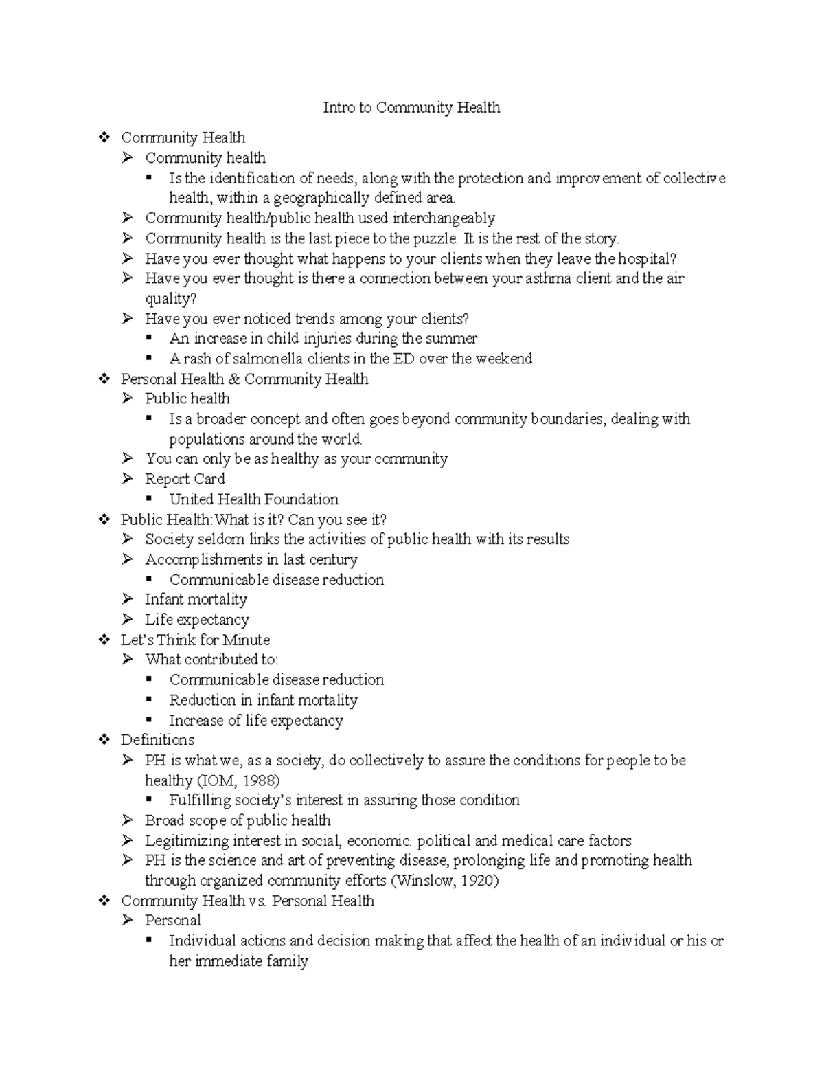Week 2 Notes - Intro to Comm Health & Public Health Concepts - Studocu