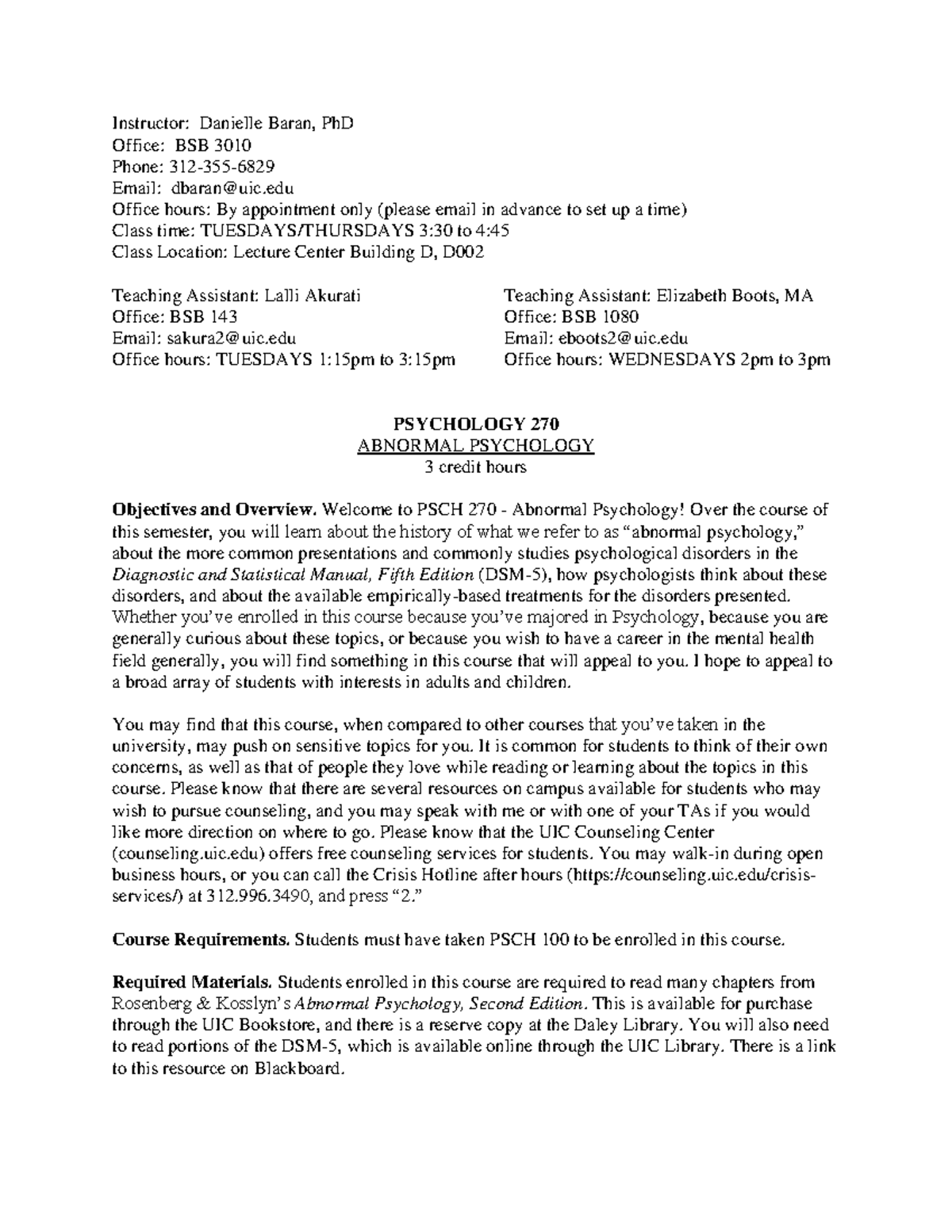 2020 PSCH 270 Syllabus: Abnormal Psychology Course Overview - Studocu