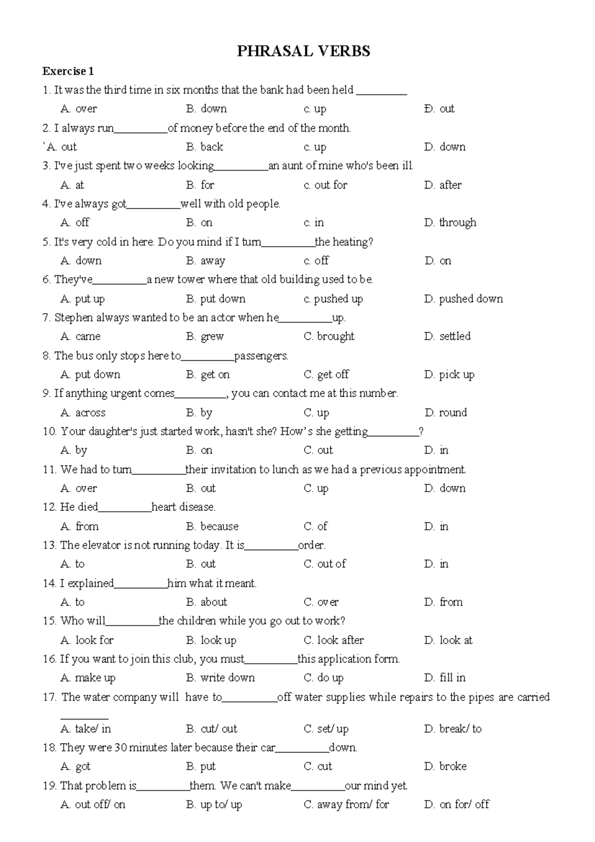 PHRASAL VERBS Exercise 1 & 2 - Practice Questions - Studocu