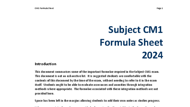 CM1 Formula Sheet - Key Formulas for Actuarial Mathematics 2024 - Studocu