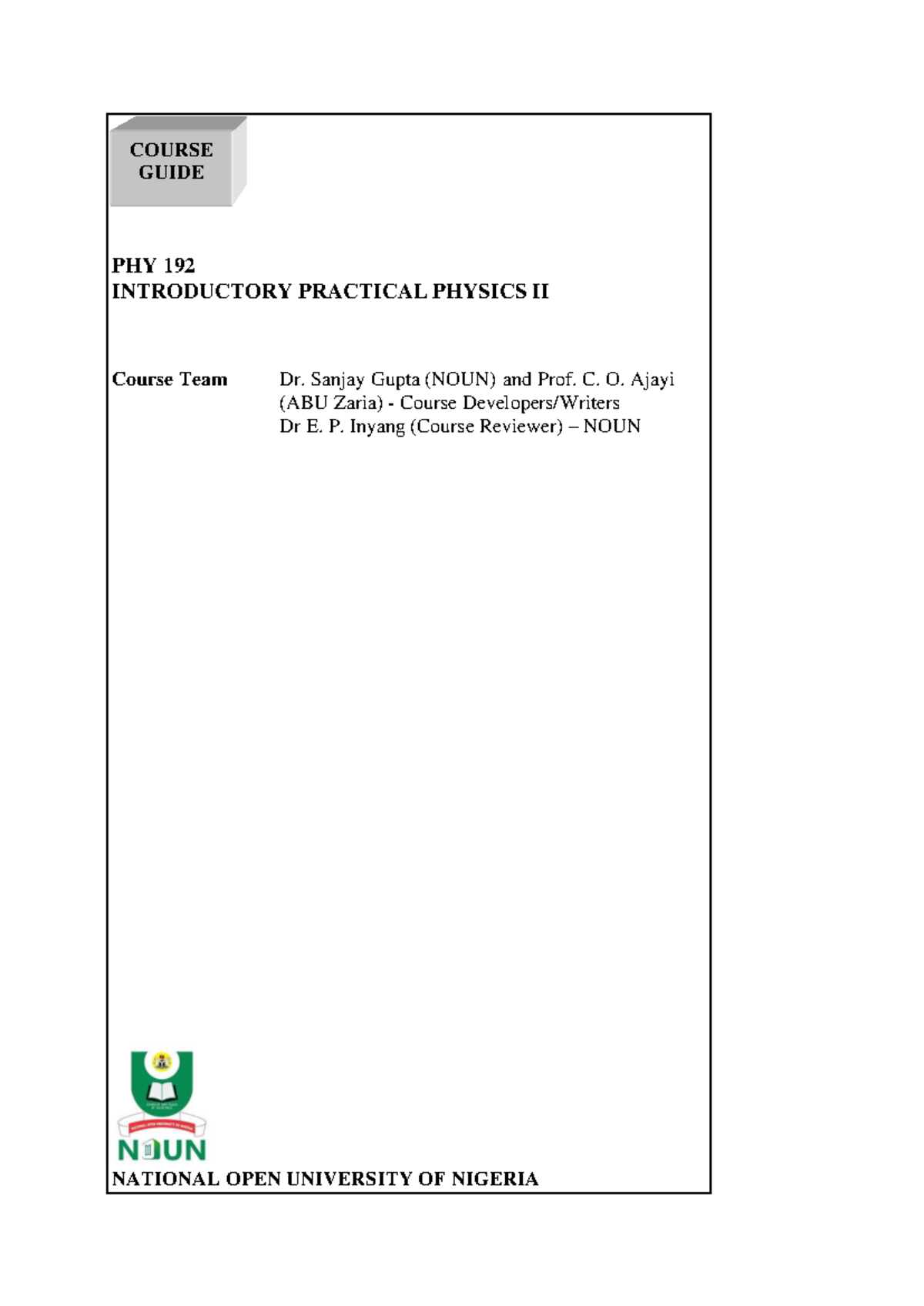 PHY 192 - Introductory Practical Physics II Lecture Notes for ...