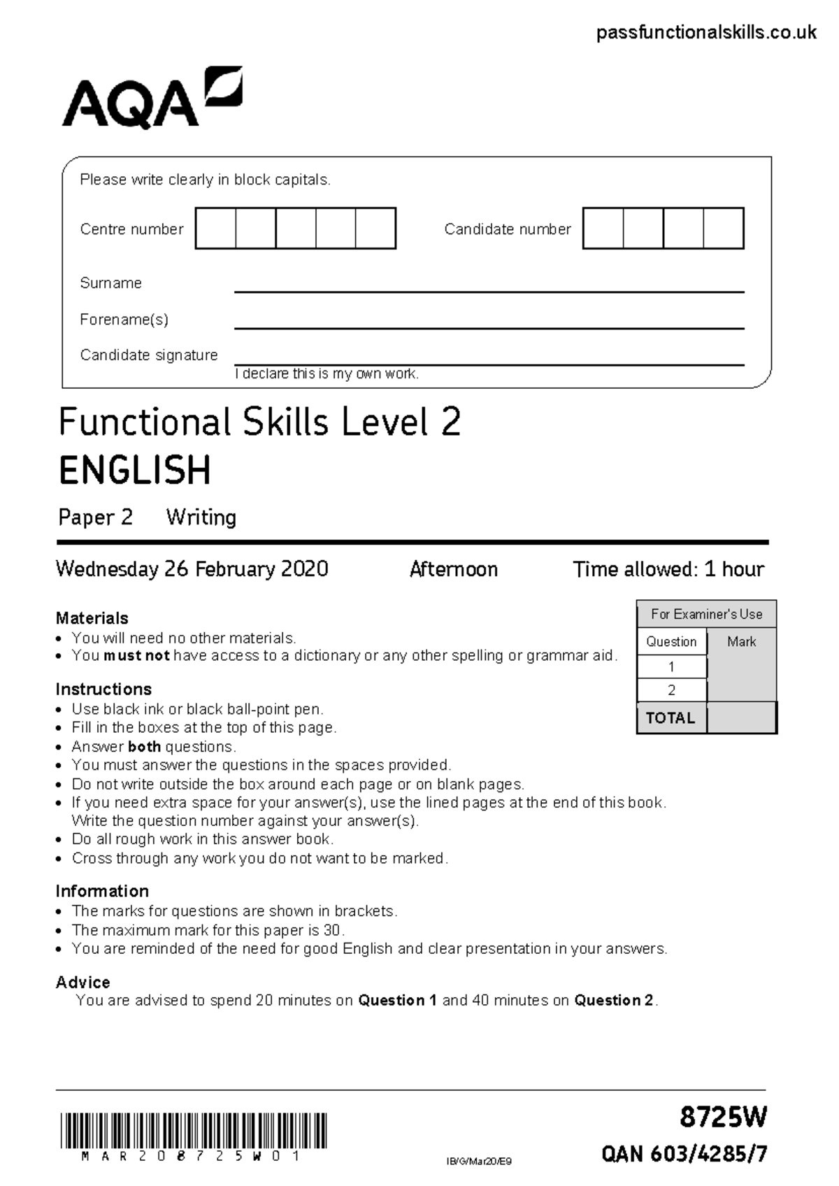 AQA FUNCTIONAL SKILLS ENGLISH LEVEL 2 WRITING MODEL SOLUTIONS MARCH ...