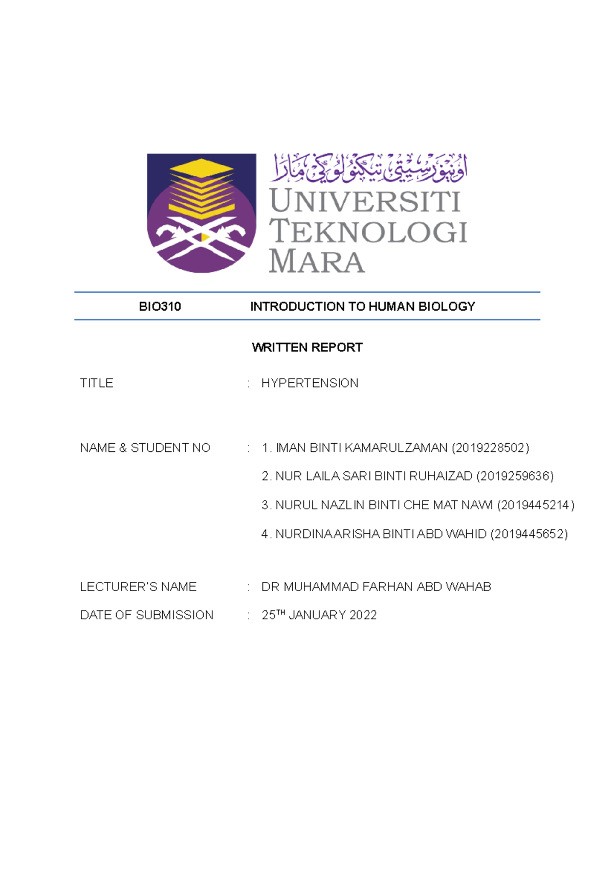 BIO310 - Written Report - BIO310 INTRODUCTION TO HUMAN BIOLOGY WRITTEN ...