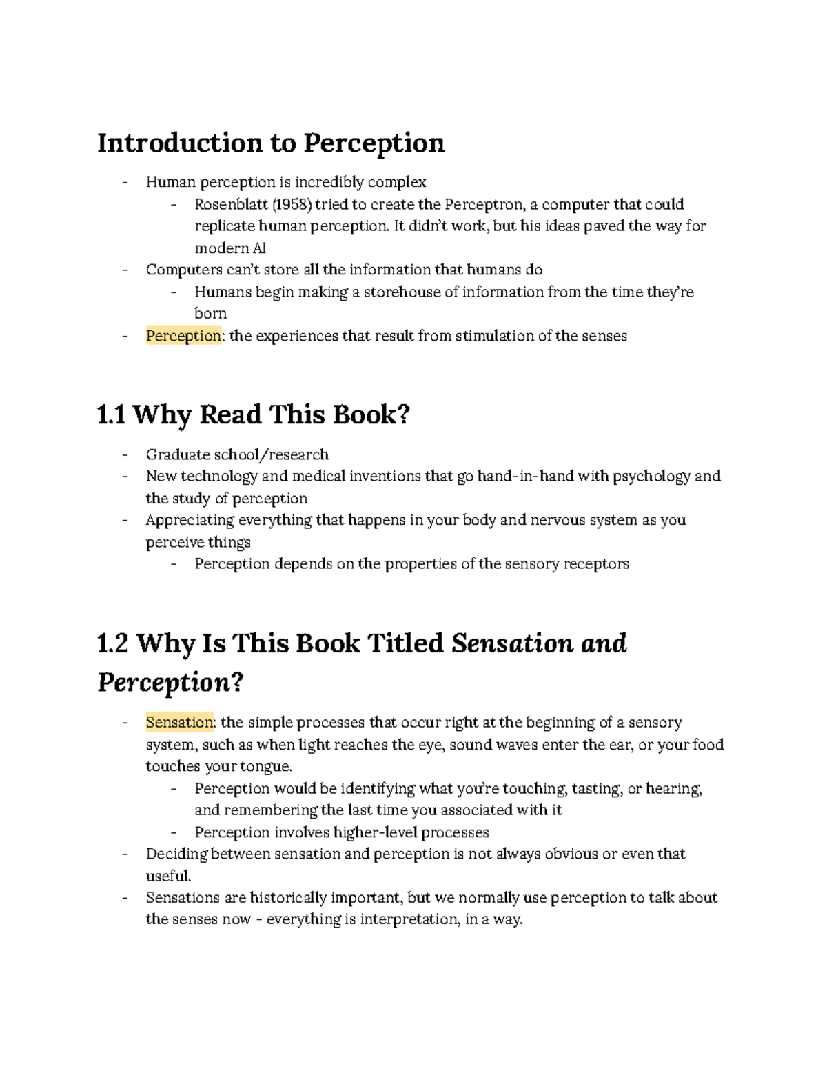 Chapter One Study Notes - Sensation and Perception PSY 101 - Studocu
