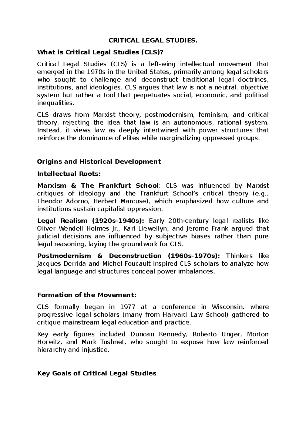 Critical Legal Studies (CLS) - Group 7 Lecture Notes - Studocu