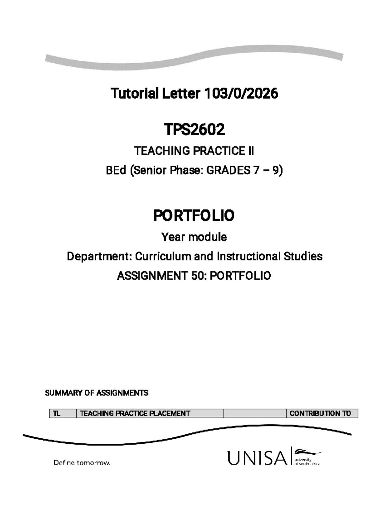 TPS2602 - 2026 Teaching Practice Portfolio Assignment Guide - Studocu