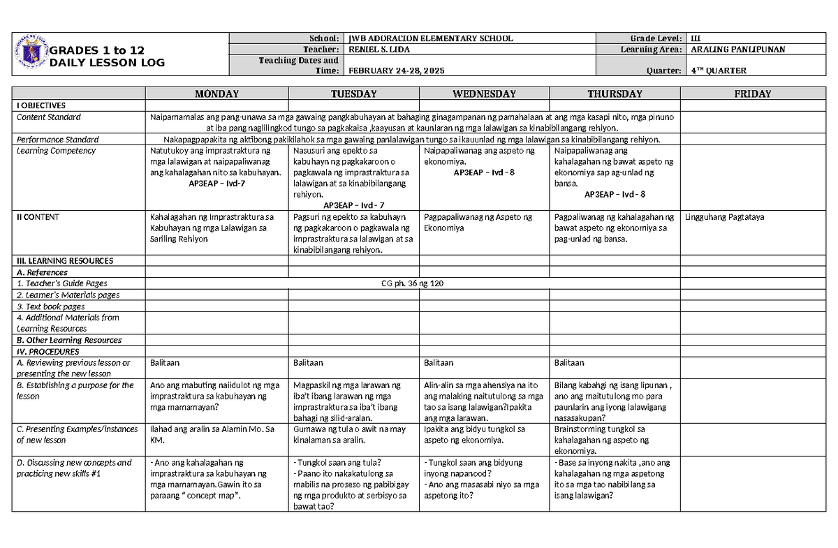DLL Araling Panlipunan 3 Q4 W3 - GRADES 1 to 12 DAILY LESSON LOG School ...