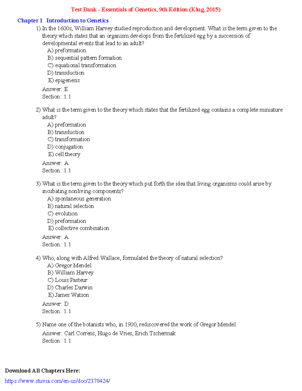 Test Bank for Essentials of Genetics CH 1: Introduction to Genetics ...