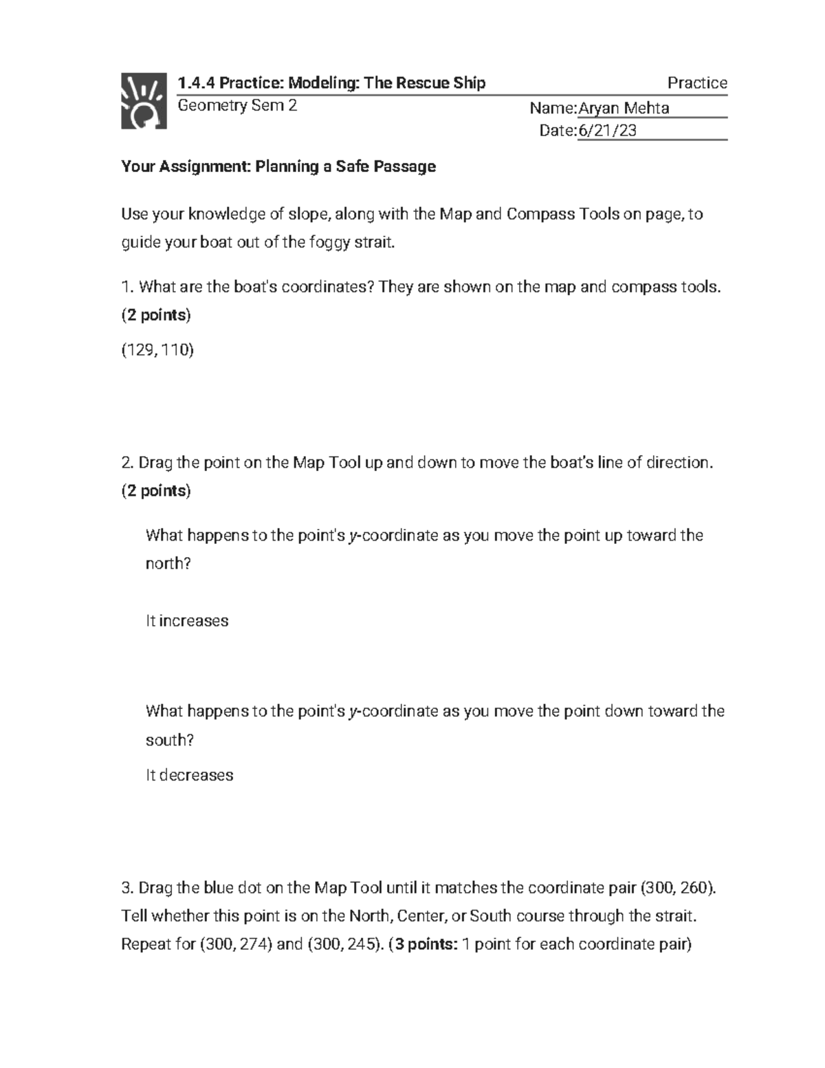 1.4.4 Practice - Modeling The Rescue Ship Assignment (Geometry Sem 2 ...