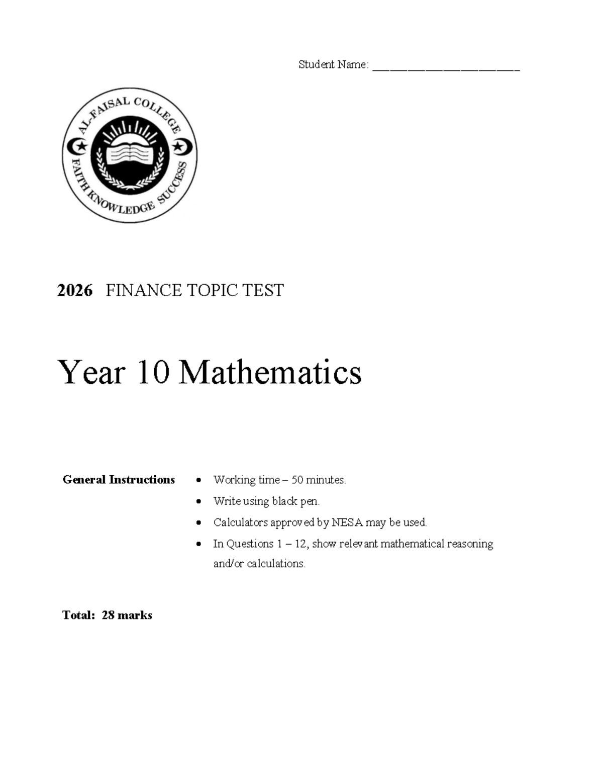 2026 Y10 Finance Topic Test: Key Math Concepts and Problems - Studocu