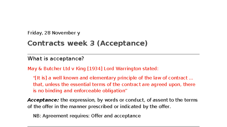 Contracts 1 Week 3 - Lecture Notes on Acceptance - Studocu