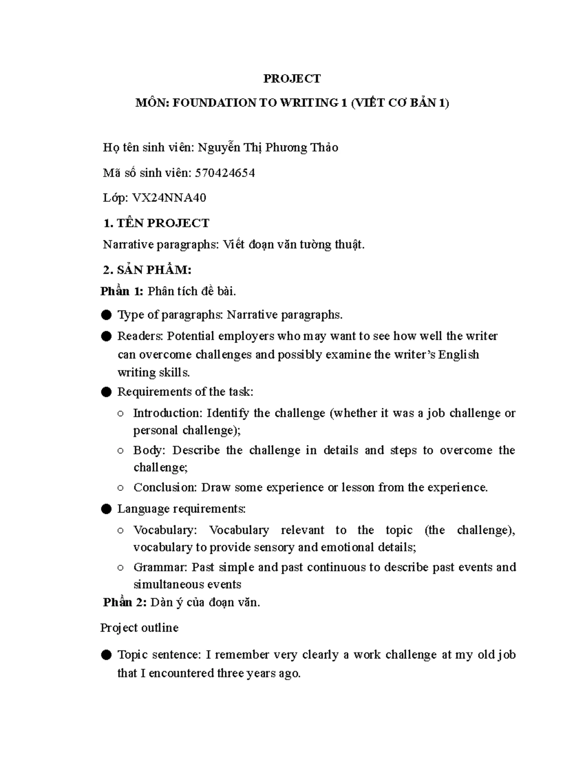 PROJECT MÔN: NARRATIVE PARAGRAPH WRITING (VIẾT ĐOẠN VĂN TƯỜNG THUẬT ...