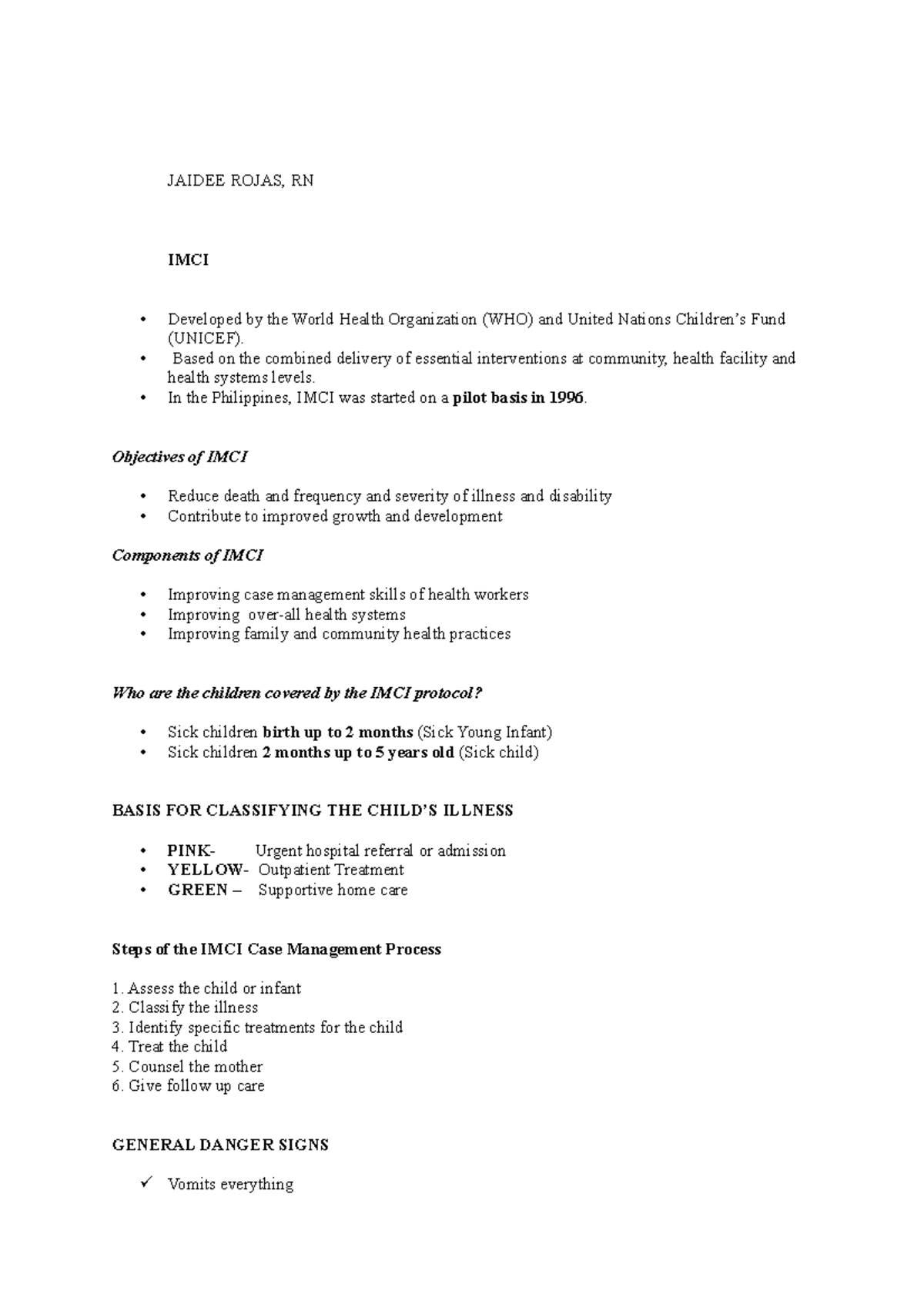 IMCI CD Rojas 2024: Essential Notes on Child Health Management - Studocu