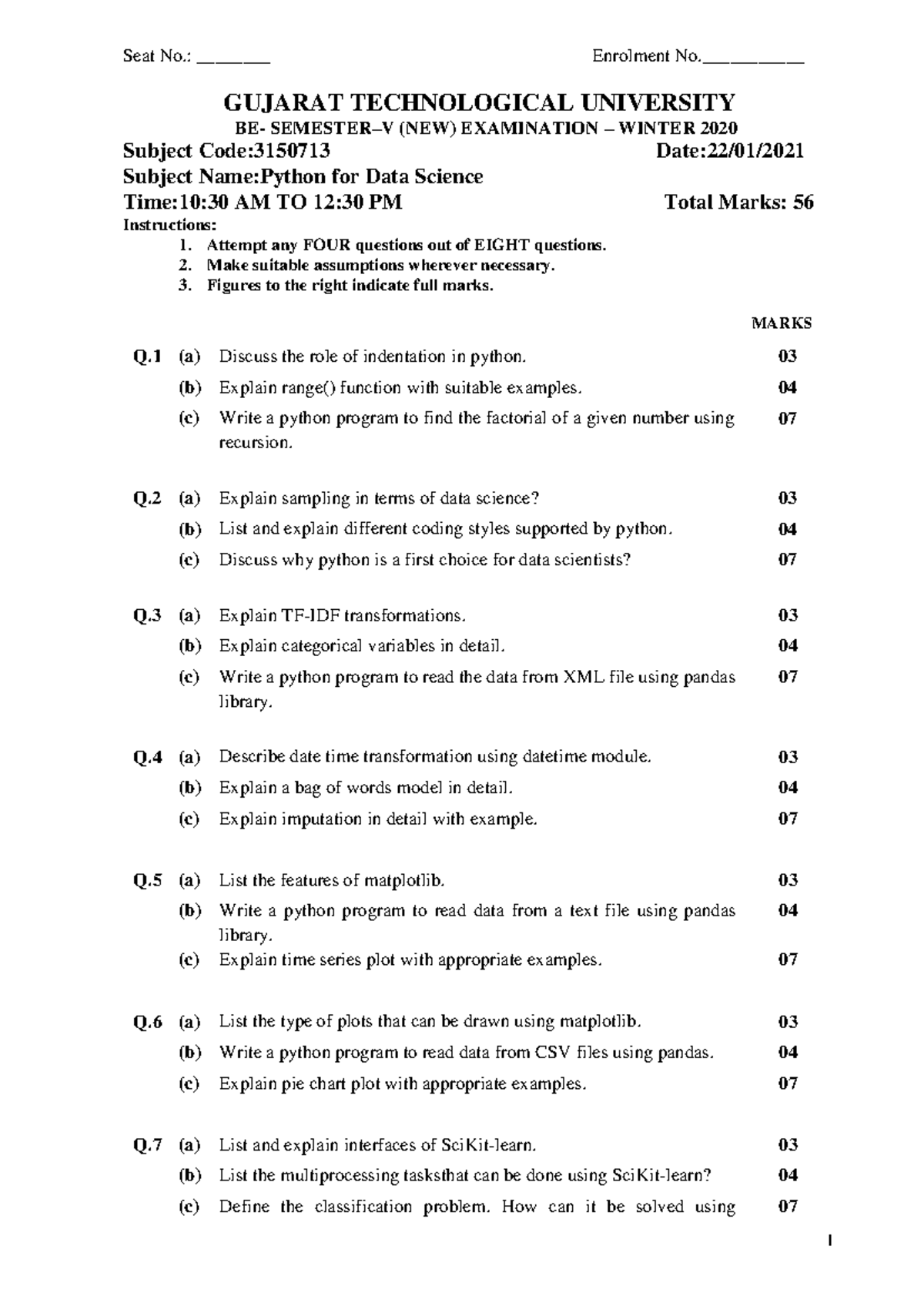Python 7 - Question - 1 Seat No.: ________ Enrolment No ...