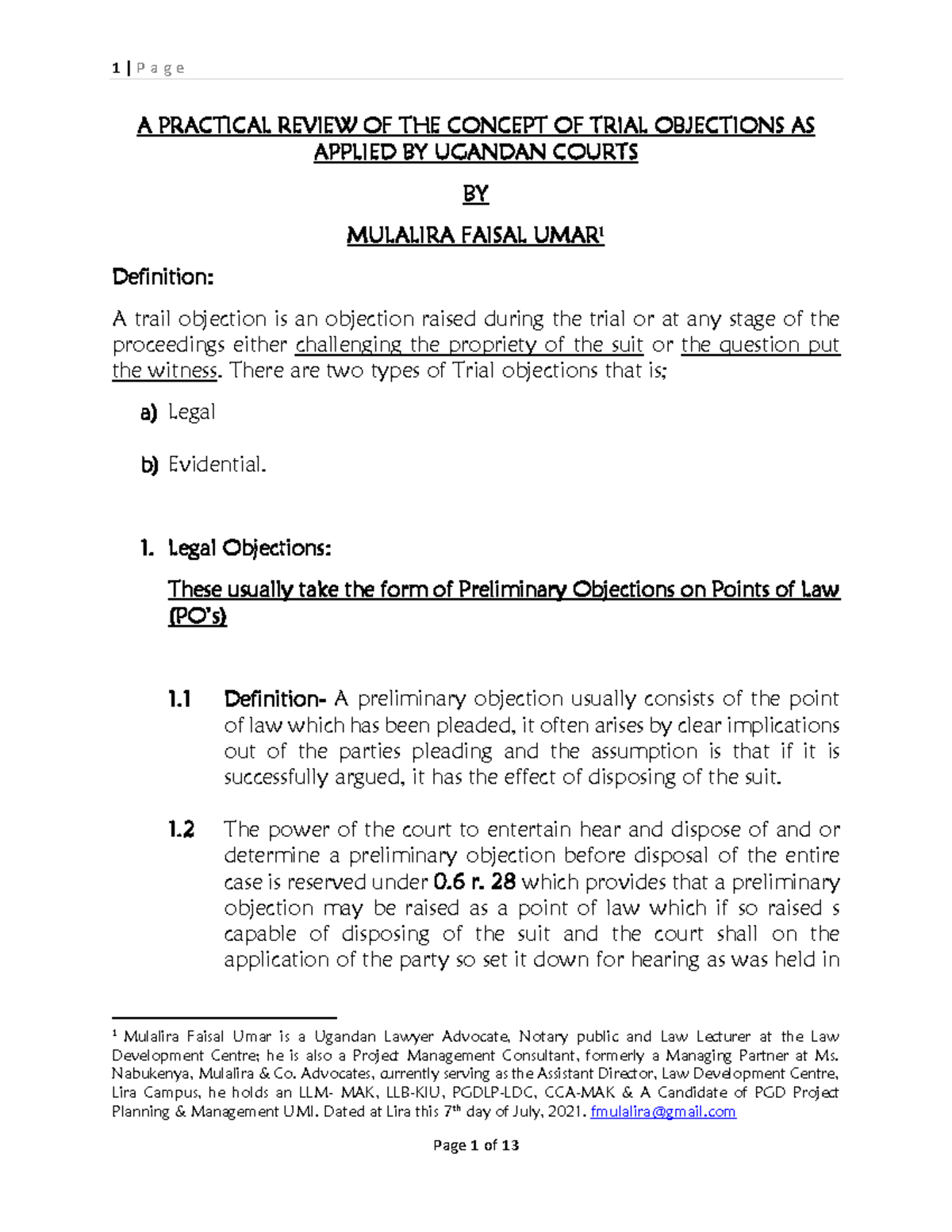 Trial Objections: A Practical Review in Ugandan Courts (LAW 101) - Studocu