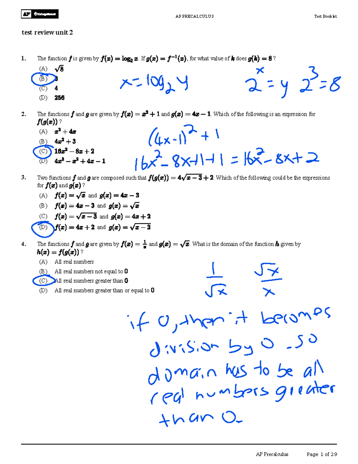 AP PRECALCULUS Test Booklet Unit 2 Review Questions and Answers - Studocu