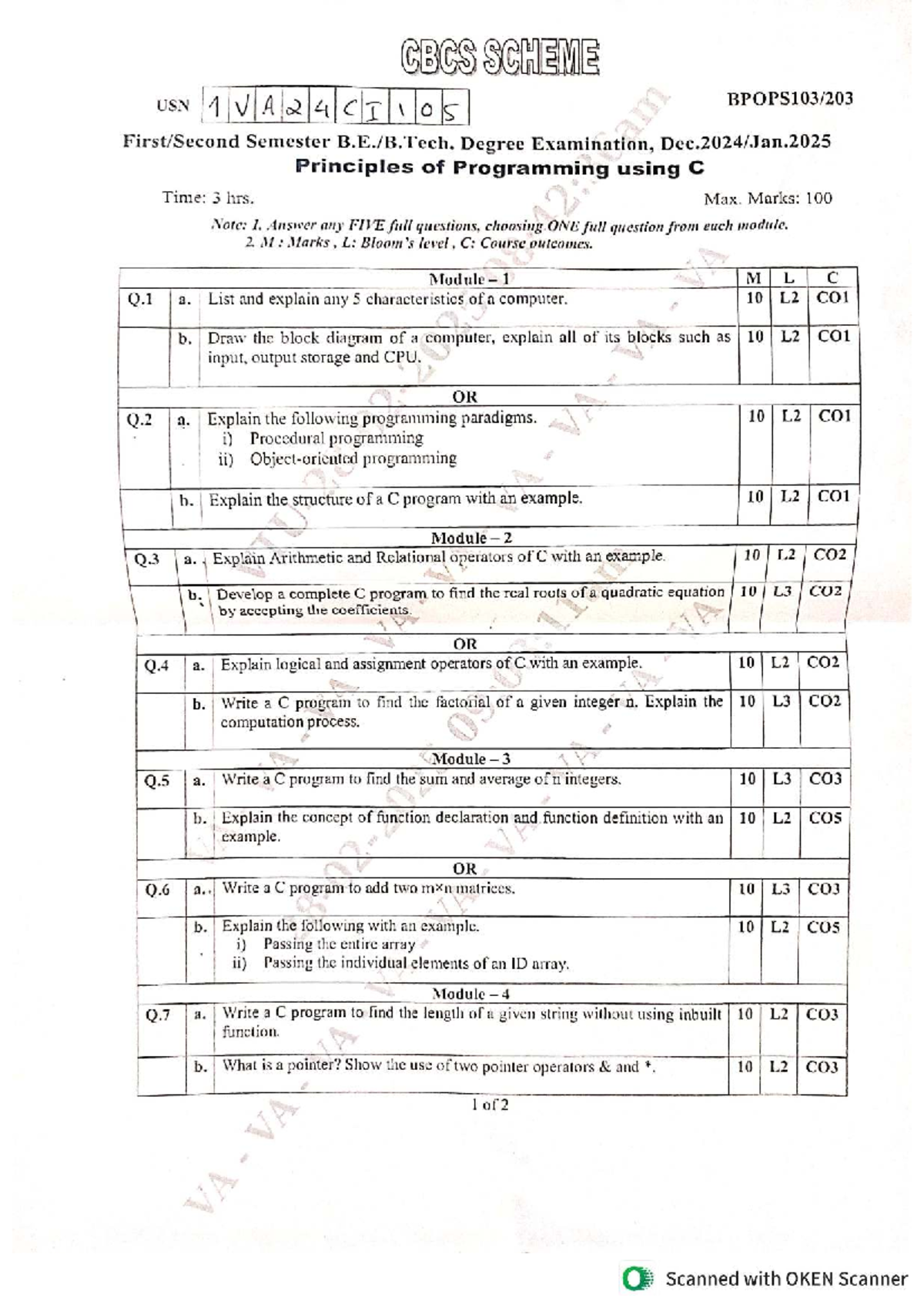 VTU QP 2024: CBCS SCHEME USN 1VA24CI105 Principles of Programming Exam ...