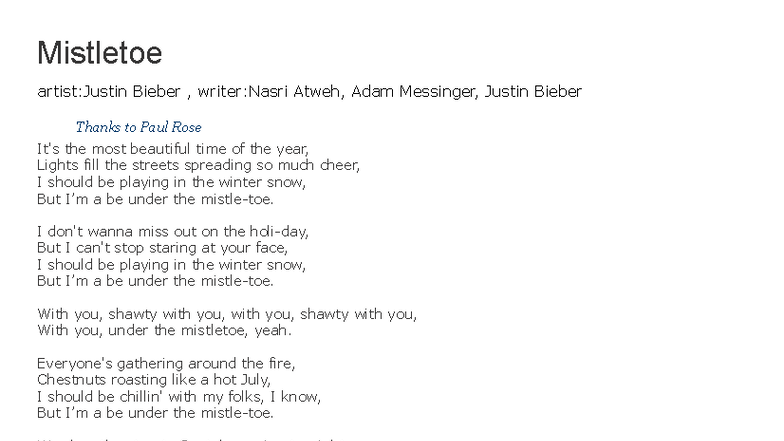 Mistletoe Lyrics Analysis: Justin Bieber's Holiday Classic - Studocu