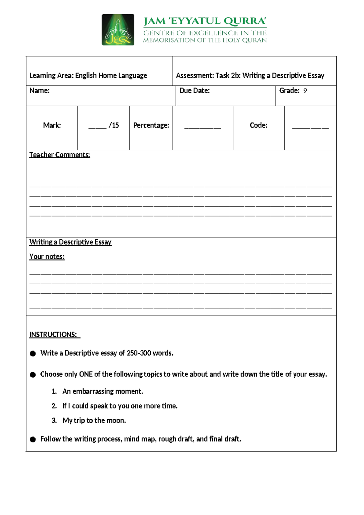 Gr9 T1 Task 2b Descriptive Essay Writing Guidelines - Studocu