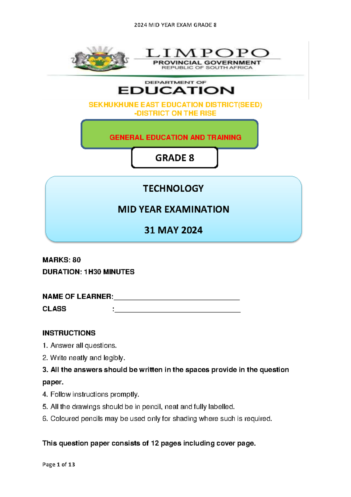 2024 GRADE 8 TECHNOLOGY MID YEAR EXAM SEED - Studocu