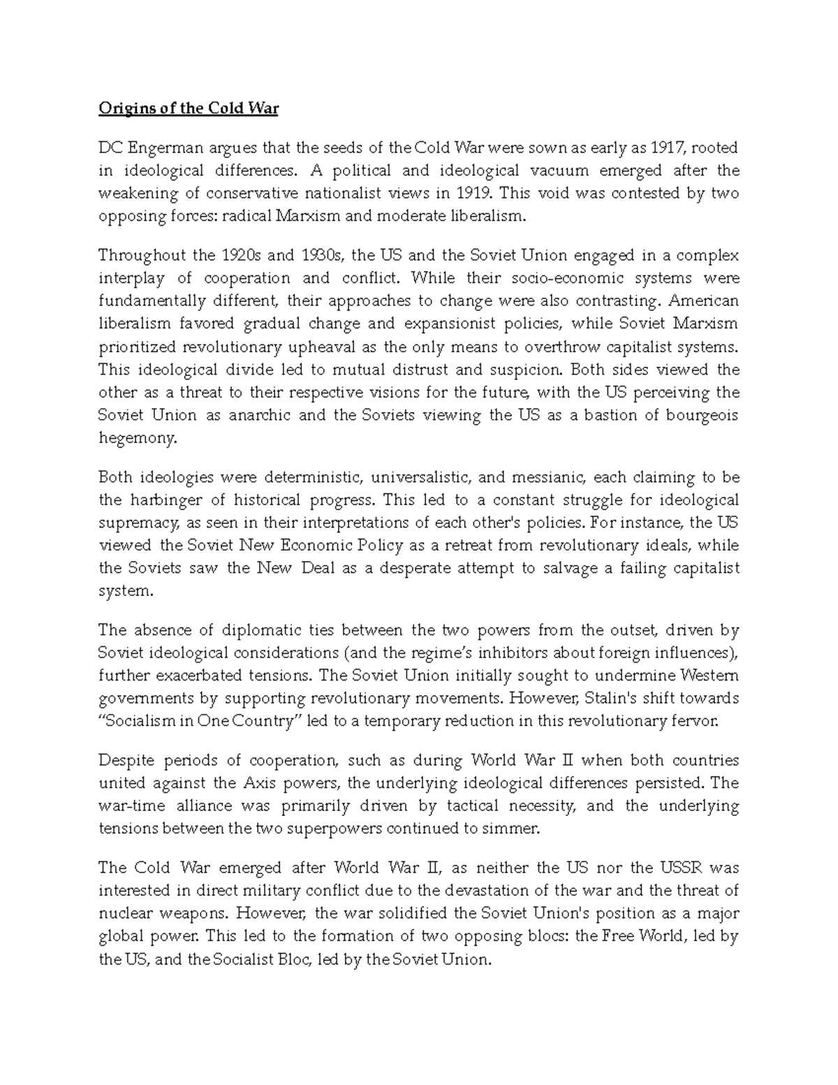 CA Write-Up 4 Origins of the Cold War - Origins of the Cold War DC ...
