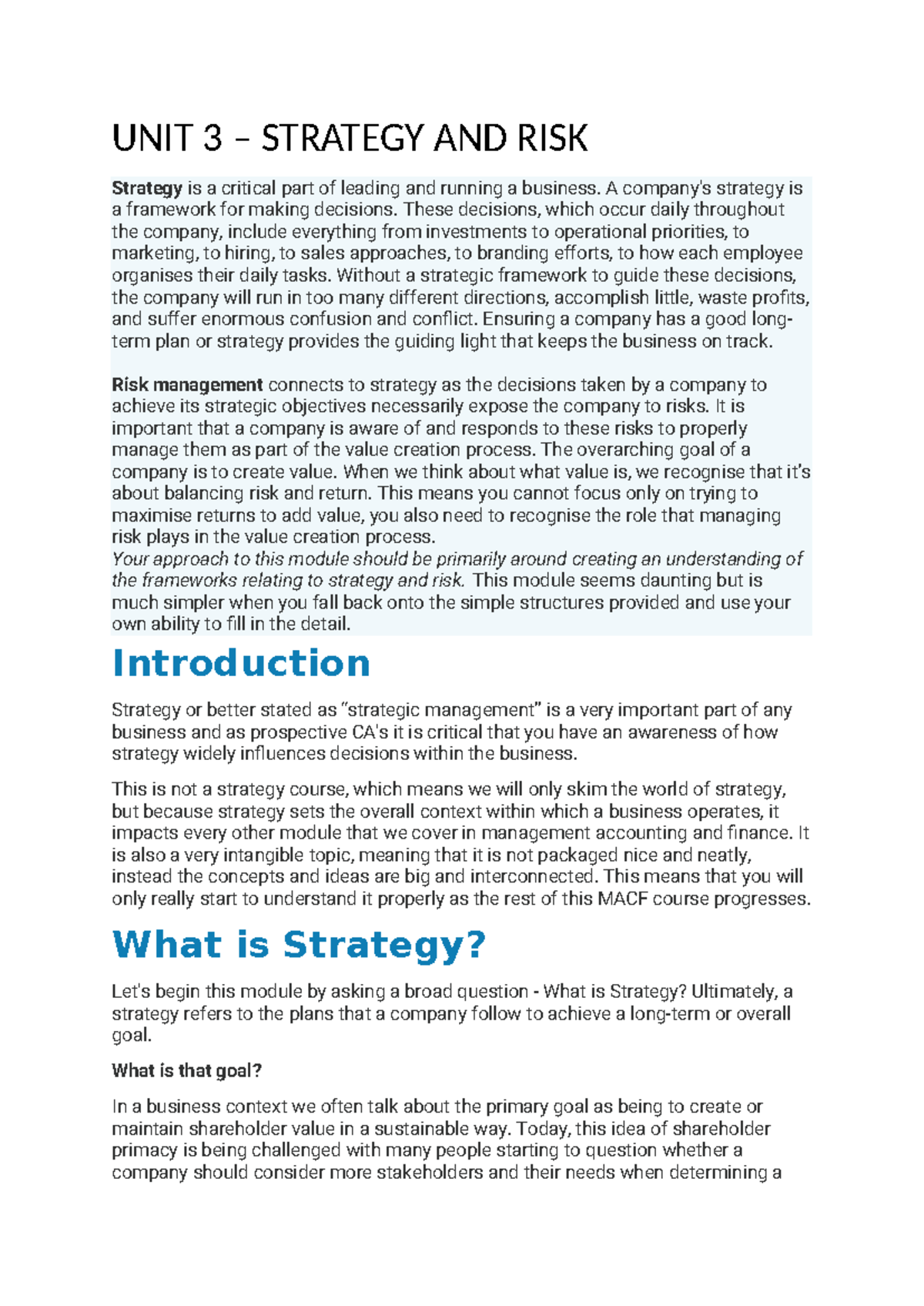 UNIT 3 STRATEGY AND RISK MANAGEMENT OVERVIEW - Studocu