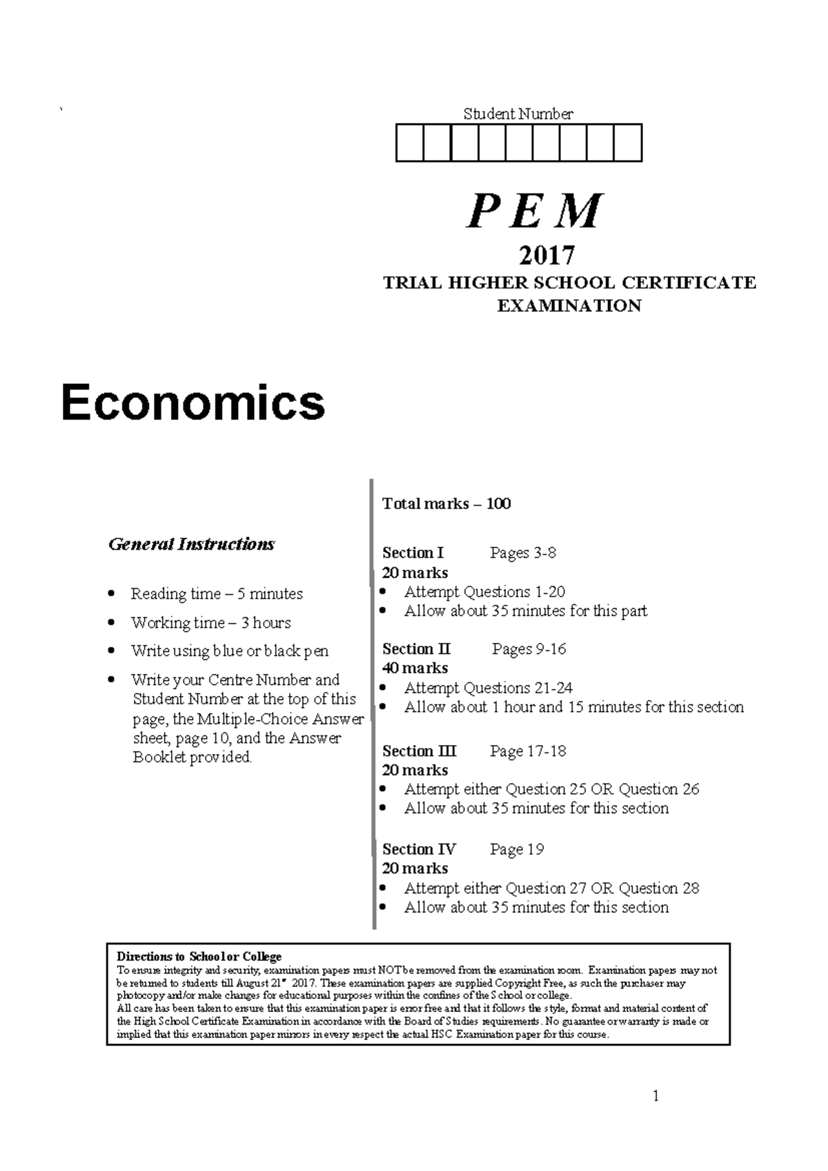 PEM 2017 Economics Trial HSC Exam Paper - Total Marks 100 - Studocu