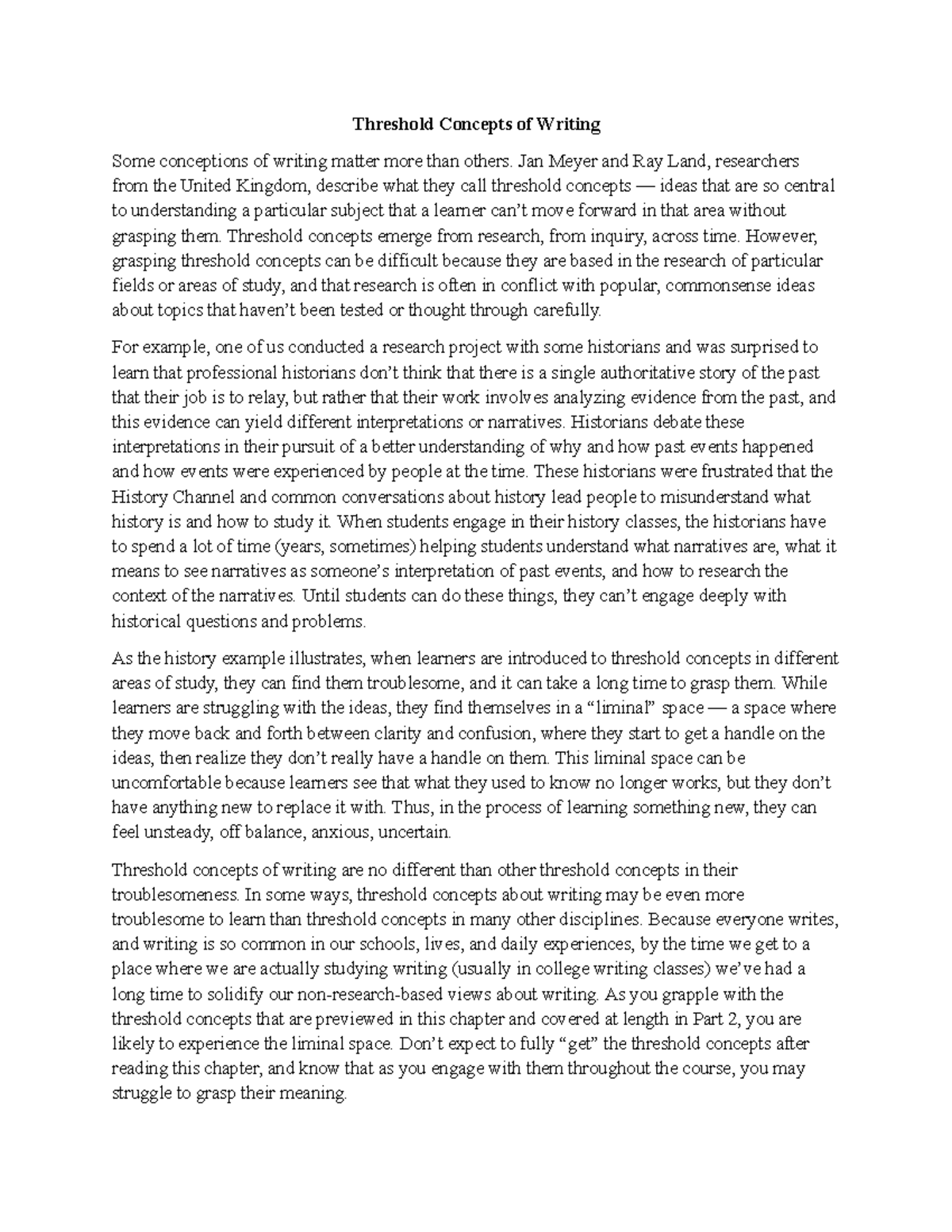Threshold Concepts in Writing: Understanding Process, Identity, and ...