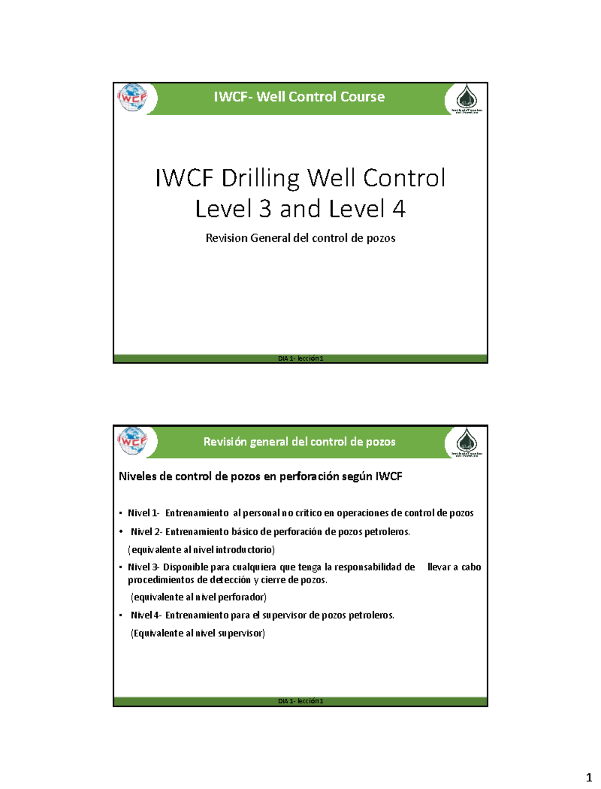 DIA 1 - Manual de Control de Pozos IWCF Niveles 3 y 4 - Lección 1 y 2 ...