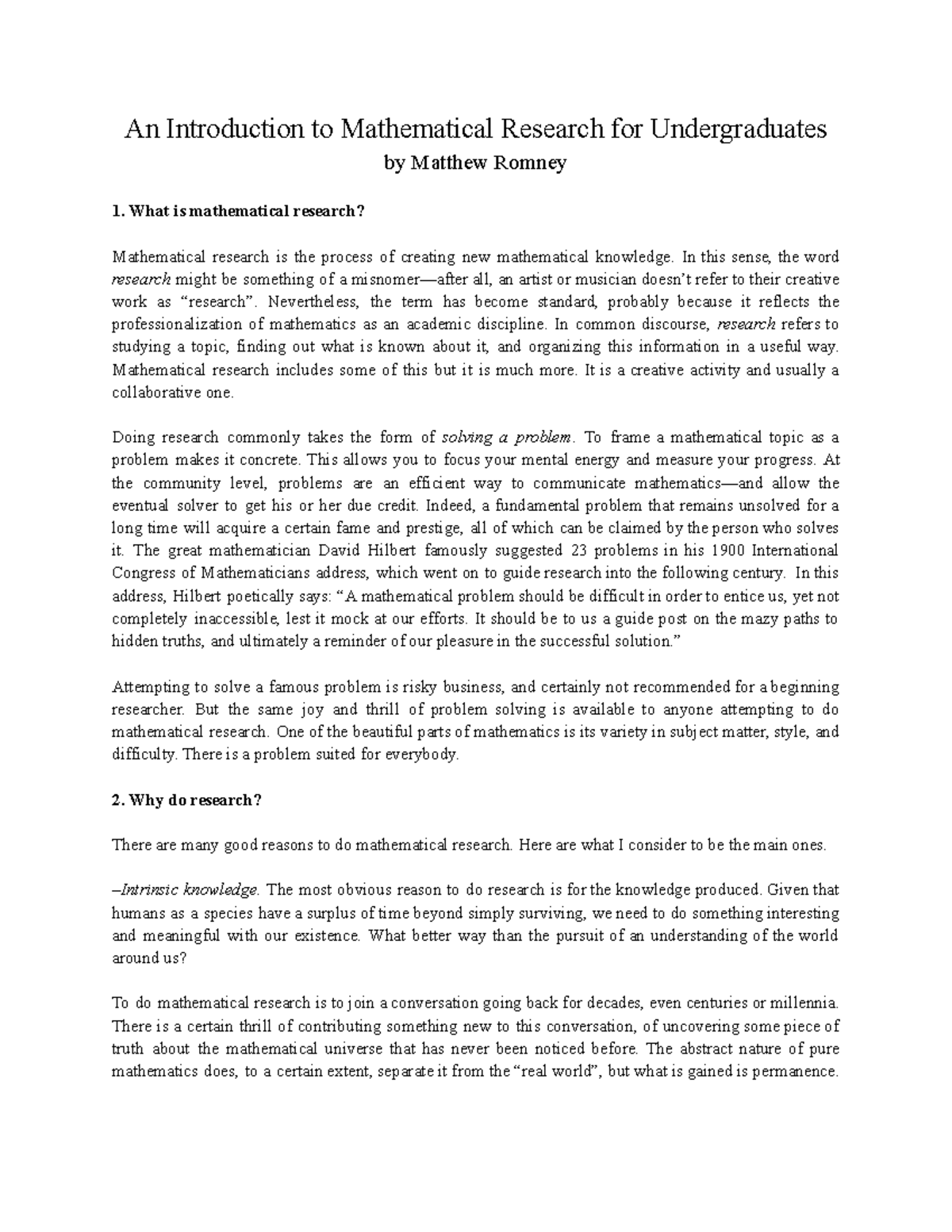 Introduction to Mathematical Research for Undergraduates (MATH 101 ...