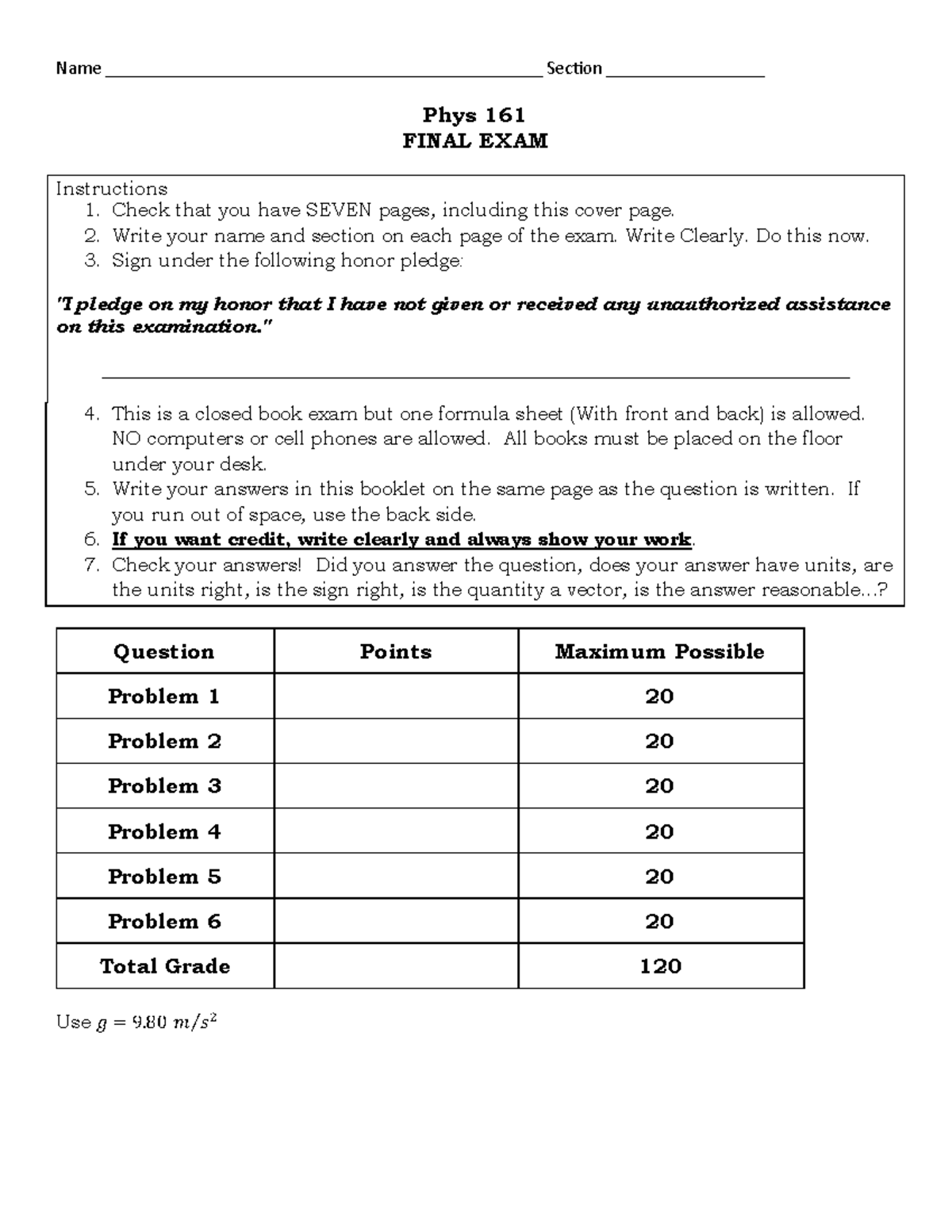 Practice PHYS 161 FINAL EXAM Instructions and Guidelines - Studocu