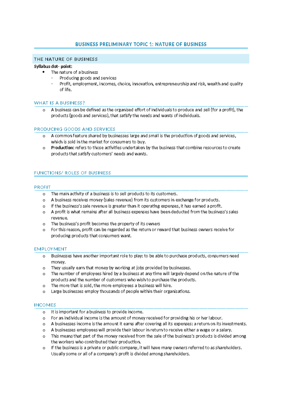 Nature of Business - Preliminary Notes (Course Code: BUS101) - Studocu