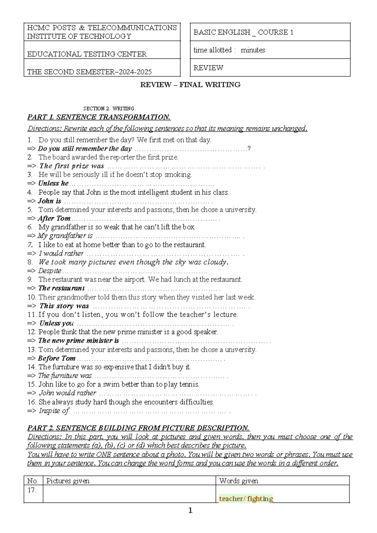 N.T.M. Nguyet - Basic English Writing Review - Course 1 Final Exam ...
