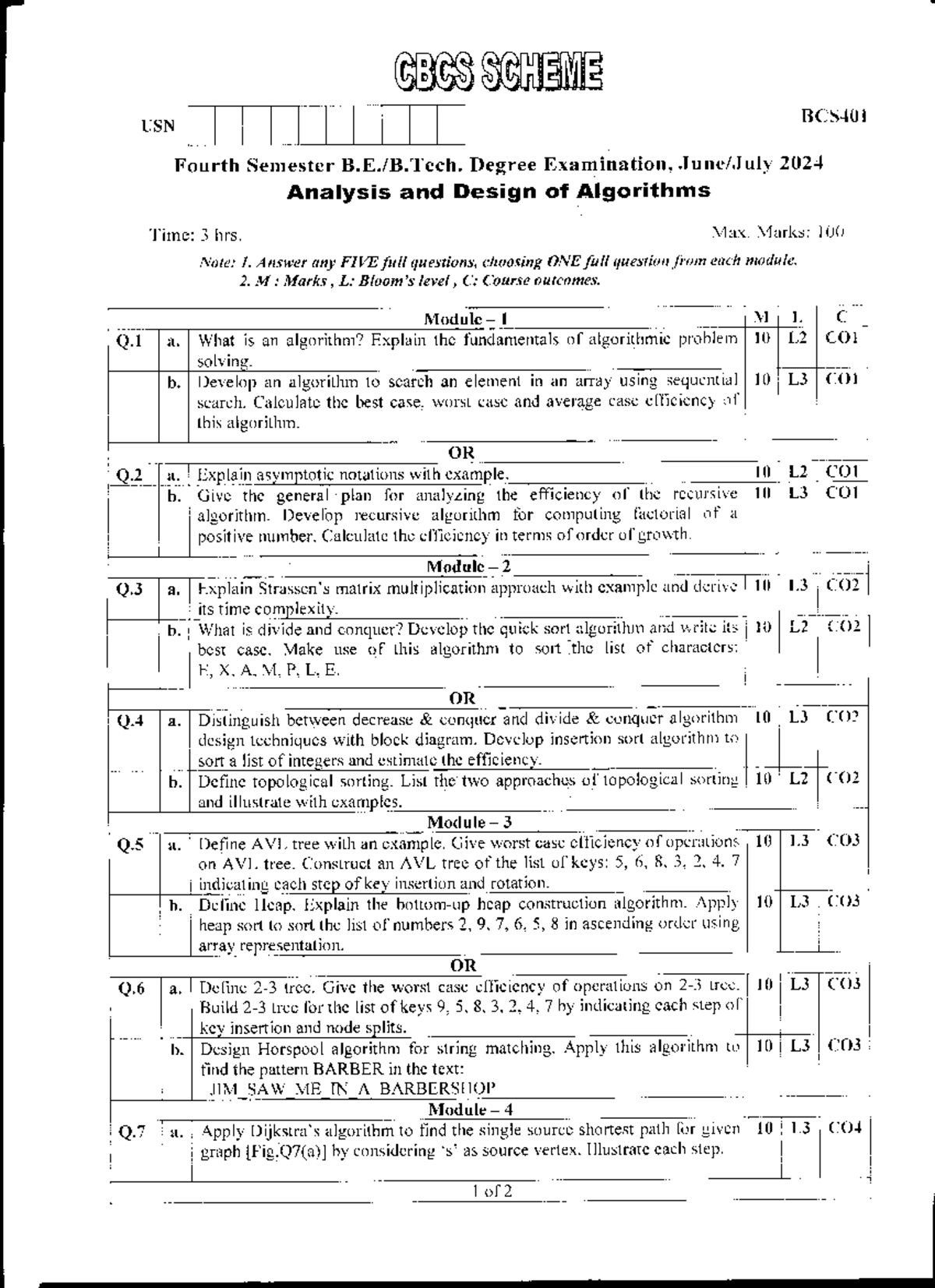 BCS401 Fourth Sem Exam: Analysis & Design of Algorithms Guide - Studocu