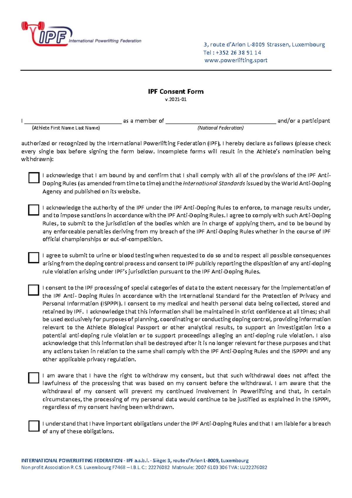 IPF Consent Form for Athlete Participation and Doping Compliance - Studocu