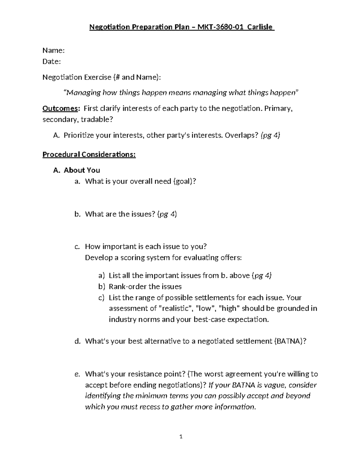 Negotiation Preparation Plan - Exercise Overview and Scoring System ...
