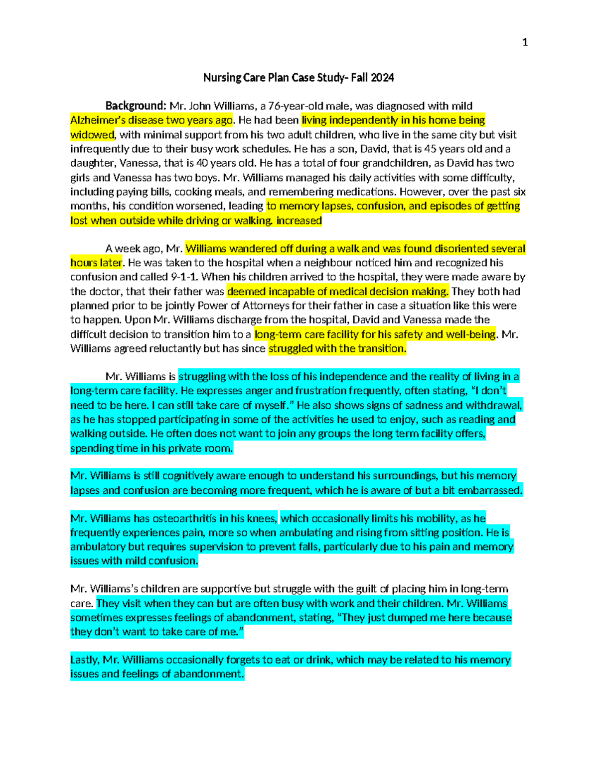 Nursing Care Plan Case Study for Mr. John Williams - Fall 2024 - 1 ...