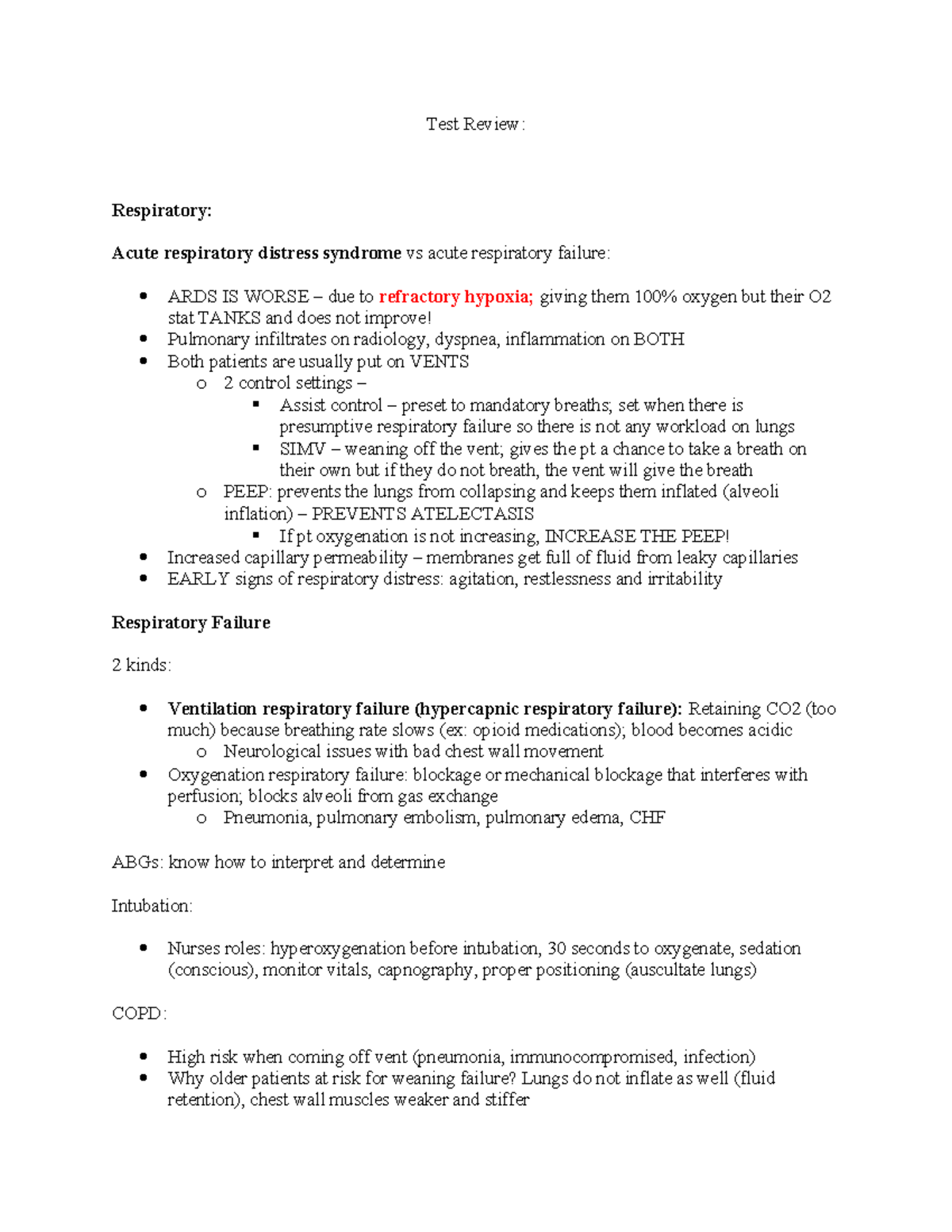 Exam 1 Review Notes: ARDS vs. Acute Respiratory Failure Insights - Studocu